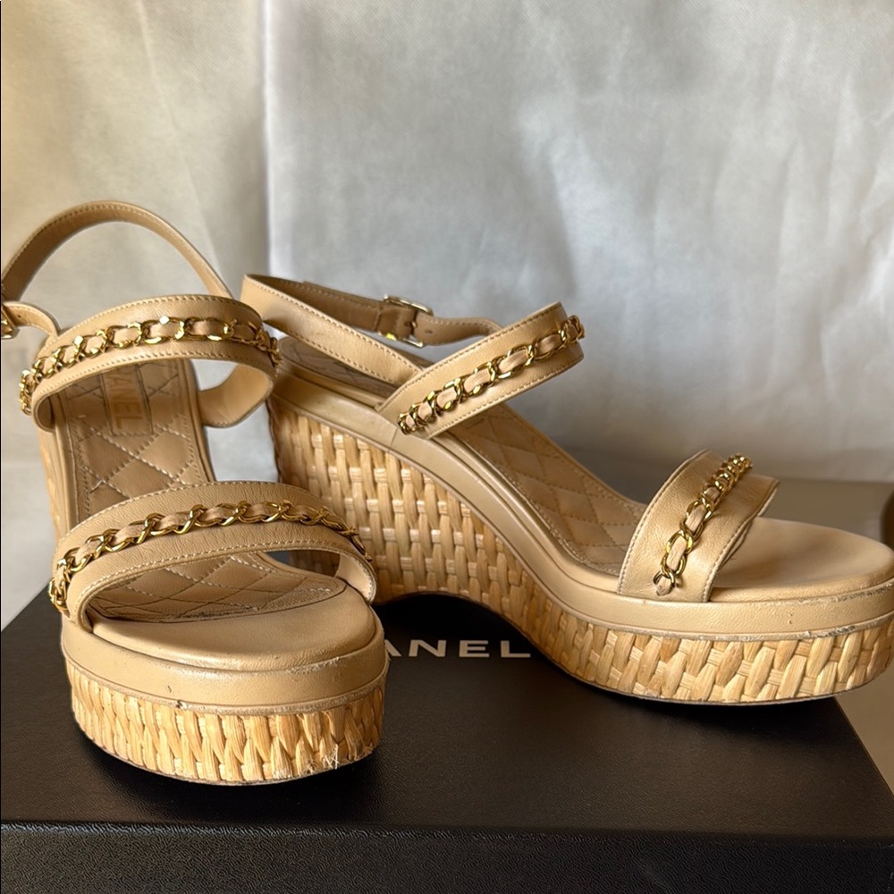 CHANEL Cream and Gold Platform Sandals with Braided Design